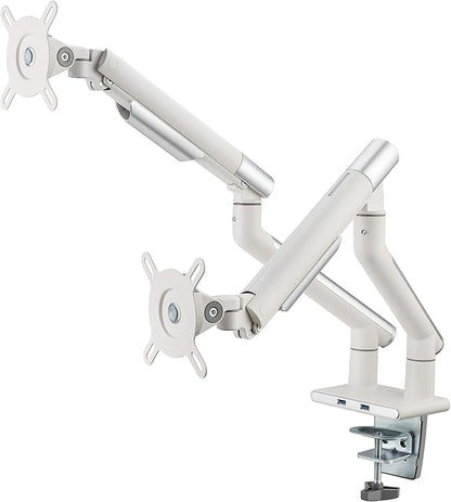 POUT E12 Dual Monitor Arm Mount Stand – Adjustable Full Motion Desk Mount for 17’’-32’’ Screens, Supports 4-22lbs per Arm, VESA 75x75mm & 100x100mm (White/Silver)