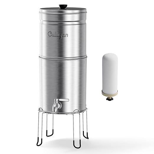 Culligan with MaxClear Technology 2.25 Gallon Gravity Water Filter System, Brushed Countertop Ceramic Water Filter NSF/ANSI Certified to Reduce Lead, Microplastics & Total PFAS, with 1 Filter