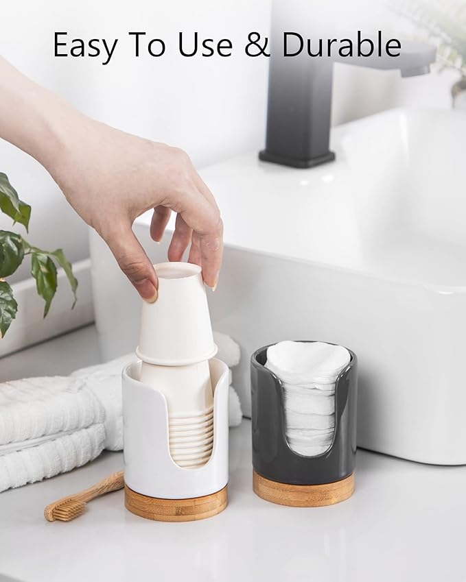 Ceramic Bathroom Cups Dispenser - 3 oz Disposable Paper & Plastic Bathroom Cups Holder - Mouthwash Cups Dispenser for Bathroom, Guest Toiletries, Countertop, Coffee - BPA Free (2 Pack)