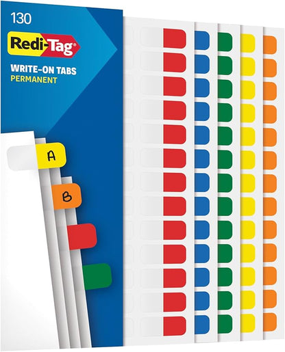 Redi-Tag Write-On Tabs, Permanent Adhesive Index Tabs, Assorted Primary Colors: Yellow, Orange, Red, Blue and Green, 1" x 7/16", 130 Pack (1009302)