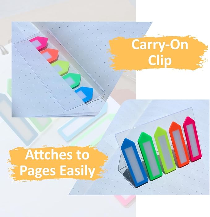 Sticky Tabs, 500 Pcs, Use as Annotation Tabs, Book Tabs, Notebook Tabs, Page Markers, Page Tabs and Page Flags with Carry-On Clip and Anti Fall-Off Design, 5 Colors 4 Sets