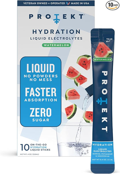PROTEKT Electrolyte Packets for Recovery & Hydration | Organic & Sugar-Free Electrolytes Drinks | Works Faster Than Powder Drink | On-The-Go Liquid Hydration Drink | Watermelon, 10 Pack