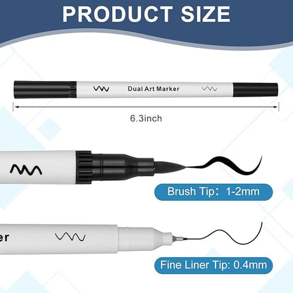 100 Pcs Black Drawing Pens Bulk Dual Brush Fineliners Pens Felt Tip Markers for Art Drawing Sketching
