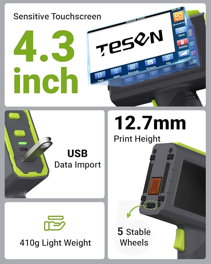 TESEN 2025 New Upgrade Handheld Inkjet Printer with 1/2 Inch (12.7mm) Printhead for Date Time Logo Batch Number QR Code Barcode Quick Drying Printing on Plastic Wood Carboard Metal Glass and More