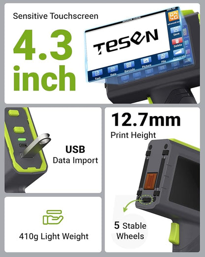 TESEN 2025 New Upgrade Handheld Inkjet Printer with 1/2 Inch (12.7mm) Printhead for Date Time Logo Batch Number QR Code Barcode Quick Drying Printing on Plastic Wood Carboard Metal Glass and More