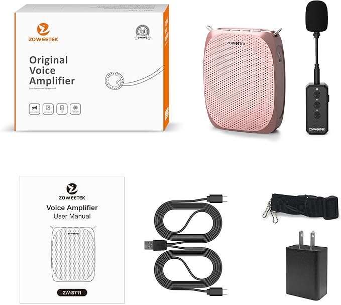 ZOWEETEK Wireless Voice Amplifier with Lavalier Lapel Microphone for Teachers, Mini Portable Speaker and Wireless Clip On Microphone System for Classroom, Meeting, Yoga, Streaming, Group outings