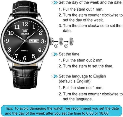 OLEVS Mens Watches Vintage Leather Band Dress Classic Easy Reader Arabic Numerals Analog Quartz Waterproof Date and Day Blue/Black/White Large Face Men's Wrist Watches