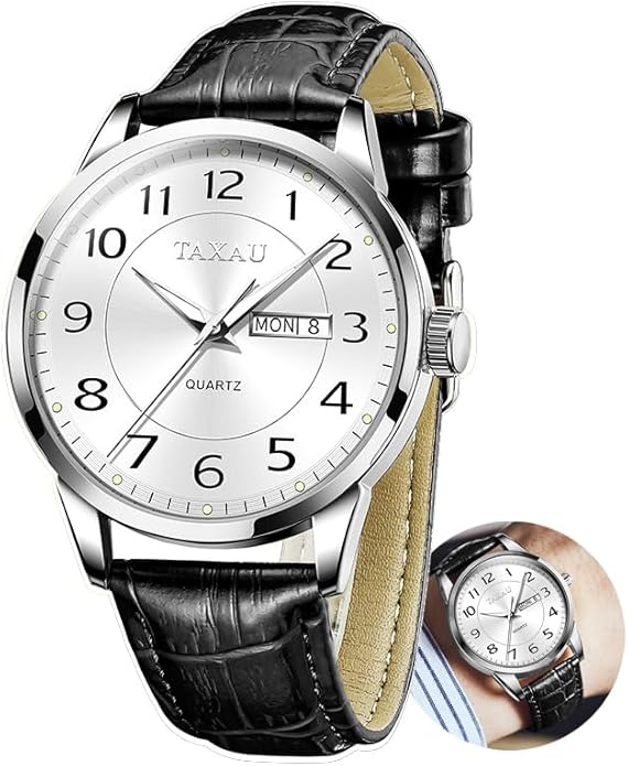 Men's Watch Big Face Easy Read Arabic Numeral Dress Watches for Men Classic Black Brown Leather Band Analog Mens Wrist Watch with Day and Date Fashion Business Waterproof Luminous Quartz Watch