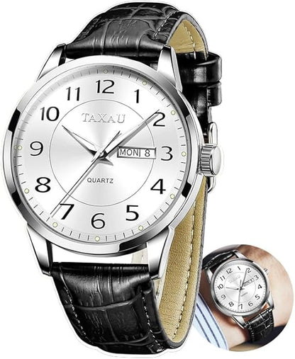 Men's Watch Big Face Easy Read Arabic Numeral Dress Watches for Men Classic Black Brown Leather Band Analog Mens Wrist Watch with Day and Date Fashion Business Waterproof Luminous Quartz Watch