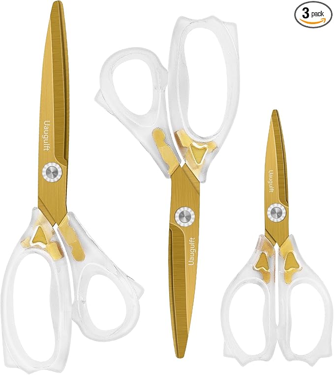 Acrylic Scissors, Sharp Titanium Coating Blades with Ergonomic ABS Handle, Multi-Purpose Scissors Set of 3, Suitable for Sewing and Household, Clear and Gold-Toned