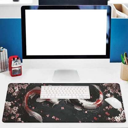 Koi Fish Gaming Mouse Pad Japanese Zen Yin Yang Cherry Blossoms XL Mouse Pad Large Mousepad Extended Laptop Keyboard Mat Gaming Desk Pad Mouse Mat 31.5"x11.8"