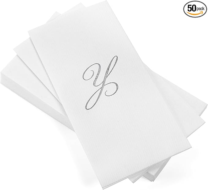 AMERICAN HOMESTEAD Disposable Hand Towels - Silver Foil Monogrammed Guest Napkins - Linen-Like Bathroom Paper Towels for Guests - Perfect Wedding and Party Napkins - 50 Count (Silver Y)