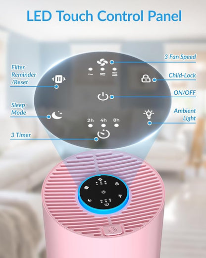 Air Purifiers for Home Bedroom, ADTARK Air Cleaner with H14 True HEPA 3-in-1 Filter, Sleep Mode & Aroma Function, 3 Light Modes, Room Air Purifier with 3 Timer for Office, Dorm, Hotel (Pink)