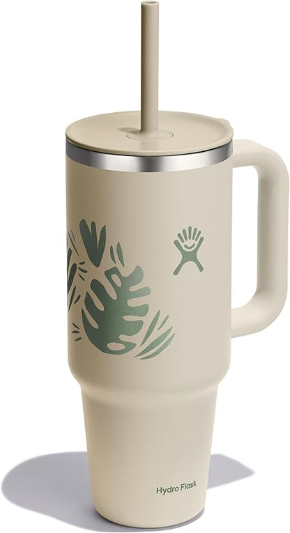 Hydro Flask Travel Tumbler with Handle, Lid and Straw - Insulated Stainless Steel in 40 Oz Botanical Bliss Coconut