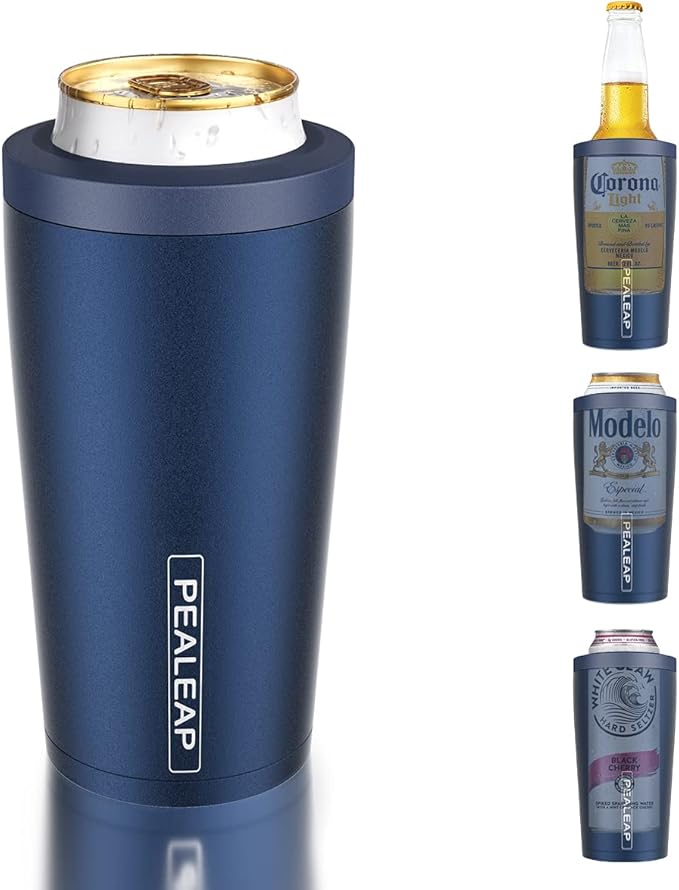 4 in 1 Insulated Slim Can Cooler for 12 OZ Cans and Beer Bottle - Keep 8 Hours Cold, Easy to Hold - Stainless Steel Can Holder, Double Walled Can Insulator for Hard Seltzer and More (Navy Blue)