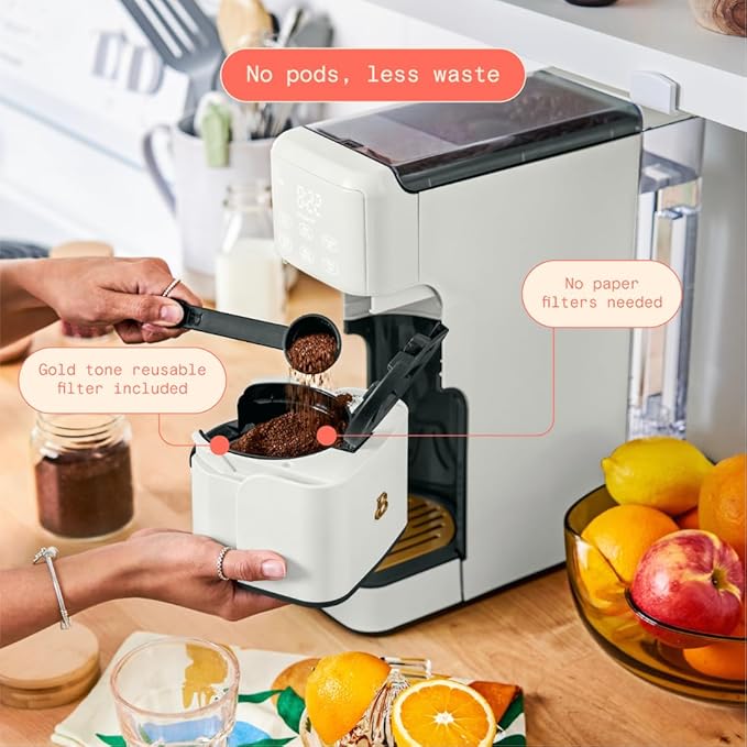 Beautiful Single Serve Coffee Maker with Built-In Burr Grinder, Hot or Iced, Pod-Free, 6 Brew Sizes, 3 Strengths, Touch Display, Reusable Filter, 64oz Reservoir, Slim Design (White Icing)