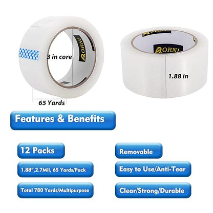 Clear Packing Tape Heavy Duty Refill Rolls Sealing Great for Packing Box Shipping and Moving Supplies Packaging 12 Rolls 1.88" x 65 Yards 3" Core 2.7 Mil Thick Adhesive