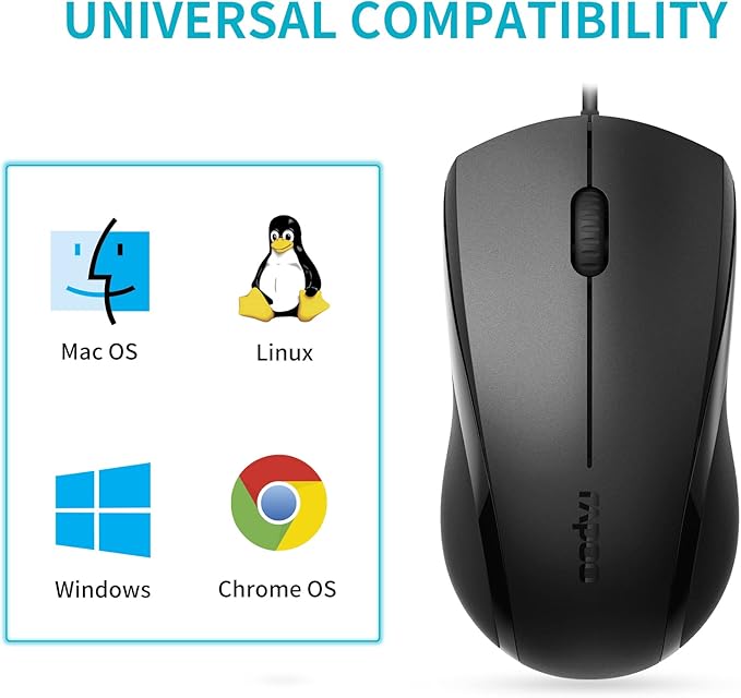 Rapoo Silent Wired Mouse, 1000 DPI 5ft Cord Quiet Button Optical Computer Mouse, Left Right Hand Use, for Laptop Chromebook Mac Notebook, Matte Black
