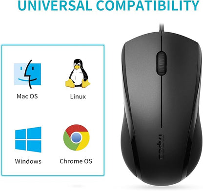 Rapoo Silent Wired Mouse, 1000 DPI 5ft Cord Quiet Button Optical Computer Mouse, Left Right Hand Use, for Laptop Chromebook Mac Notebook, Matte Black