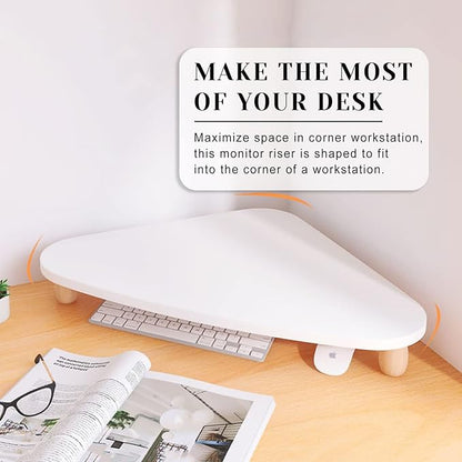 Large White Corner Monitor Riser Stand, Ergonomic Desktop Corner Shelf, Triangle Screen Riser for Monitor, Space Saving Corner Desk Riser