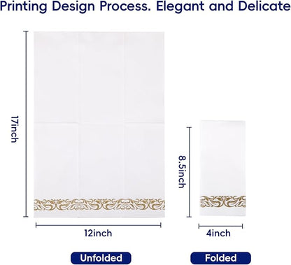 200 Disposable Hand Towels Soft and Absorbent Linen Feel Dinner Napkin Durable Decorative Bathroom Hand Napkins Good for Kitchen, Parties, Weddings, Dinners or Events White and Gold
