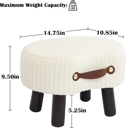 Small Footstool with Handle, Velvet Ottoman Foot Rest with Padded Seat, Curved Foot Stool with Wooden Legs, Portable Foot Rest for Living Room, Bedroom, Entryway, White