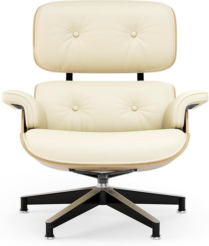 Top Cream White Grain Leather, Mid Century Chaise Lounge Chair and Ottoman, Modern Chair Classic Design, Ash Wood, Heavy Duty Base Support for Living Room Office