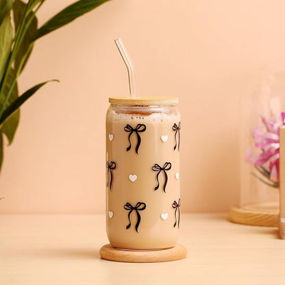 Coquette Black Bow Aesthetic Cup With Gift Box 16oz Glass Cup with Lids Straws and Black Bow Iced Coffee Smoothie Cute Tumbler with Cleaning Brush for Girls Bestfriend Sister Girlfriend, Preppy Stuff