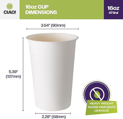 CIAO! 16oz White Paper Hot Cup, Disposable, 90mm Diameter 1,000 Count
