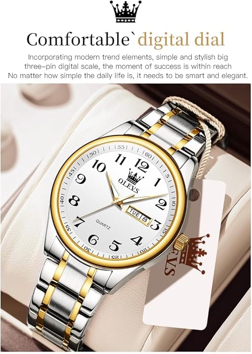 OLEVS Mens Watch Stainless Steel Analog Quartz Watches for Men Day Date Easy Read Diamond Waterproof Dress Luxury Classic Casual Big Face Blue/Black/Gold/Silver Roman Arabic Numerals Men's Wrist Watch