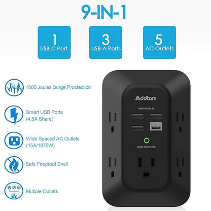 2 Pack Addtam USB Wall Charger Surge Protector, 5 Outlet Extender with 4 USB Charging Ports (1 USB C Outlet) 3 Sided 1800J Power Strip Multi Plug Outlets, Wall Adapter Spaced for Home Office, Black
