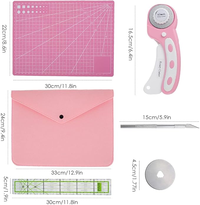 Abizarch Rotary Cutter Set - 45mm Rotary Fabric Cutter, A4 Cutting Mat, Self Healing Sewing Mats, Quilting Ruler and Fixing Clips, Craft Knife Set, Ideal for Crafting, Sewing, Patchworking