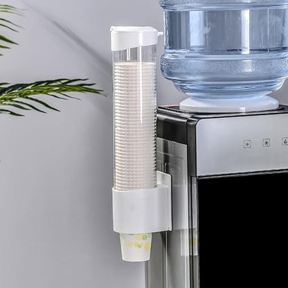 Cup Dispenser, Water Cooler Pull Type Cup Holder Fits 5oz - 7oz Cone or Flat Bottom Cups, Paste or Screw Plate Wall Mount, 15" Tube Length White