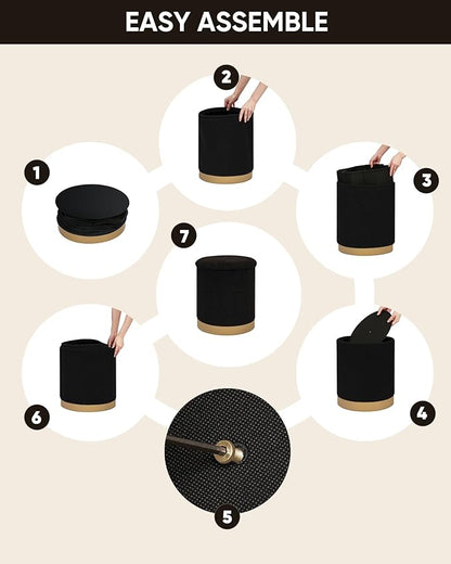 B FSOBEIIALEO Ottoman with Stroage, Round Boucle Storage Ottoman with Gold Plating Base,Foot Rest Stool for Dorm Room, Living Room Black, 14.76"x14.76"x16.34"