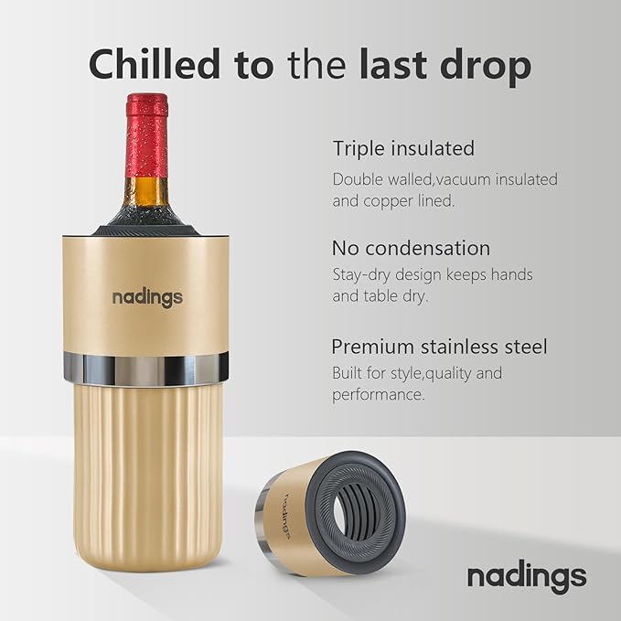 Wine Chiller for 750ml Bottles | Portable & Iceless, Keeps Wine/Champagne/Beer Cold 6+ Hours | Vacuum Insulated Stainless Steel | Ideal for Outdoor, Parties & Gifts – Champagne