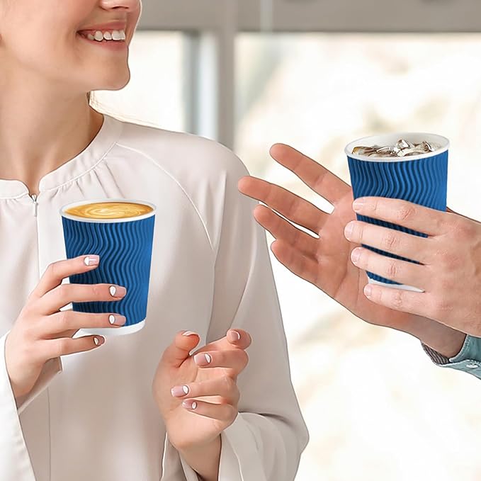 Lamosi Coffee Cups 12 oz - 120 Pack, 12 oz Disposable Paper Coffee Cups Insulated, Corrugated Kraft Ripple Wall Cup for Hot Beverage or Cold Drinks (Navy)