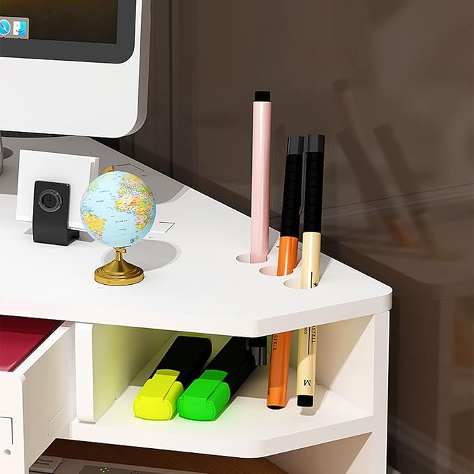 White Corner Monitor Riser with Drawer, Triangle Screen Stand with Lock, Ergonomic Computer Monitor Stand, Triangle Storage Desk Stand