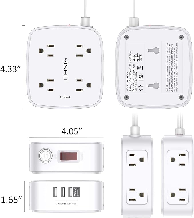 10 Ft Surge Protector Power Strip - YISHU 8 Widely Outlets with 4 USB Ports, 3 Side Outlet Extender with 10 Feet Flat Extension Cord, Ultra Flat Plug, Wall Mount, Desk USB Charging Station, ETL, White