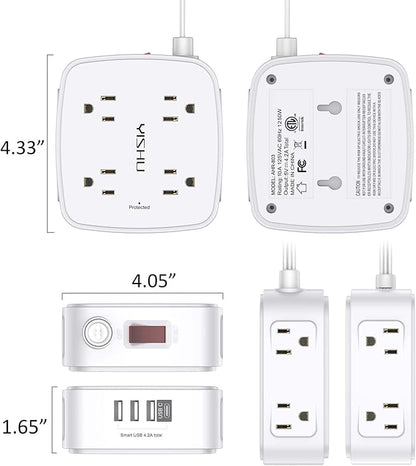 10 Ft Surge Protector Power Strip - YISHU 8 Widely Outlets with 4 USB Ports, 3 Side Outlet Extender with 10 Feet Flat Extension Cord, Ultra Flat Plug, Wall Mount, Desk USB Charging Station, ETL, White