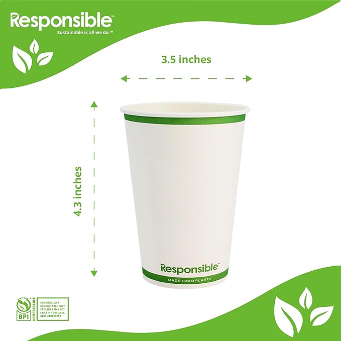 Responsible Products Certified Compostable 12 oz Paper Cups, Cold ＆ Hot Coffee Cups, Disposable Paper Cups, Extra Strength Disposable Cups, Made without PFAS (50 count)