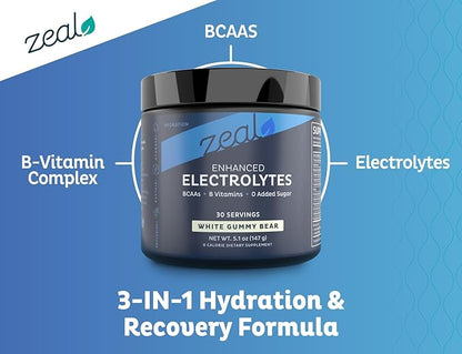 Zeal Electrolyte Powder - 90 Servings | Keto Electrolytes Powder | Zero Sugar, BCAAs, B-Vitamins | Potassium, Zinc, Magnesium | Hydration Powder Recovery Drink | White Gummy Bear