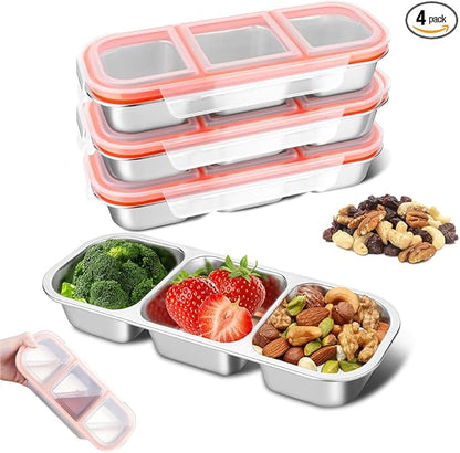 4 Pack Stainless Steel Snack Containers, 3 Compartment Metal Snack Container with Lids, Stackable Leak Proof Lunch Box for Home, Camping, Office,Work(3 Grid Lunch Box)