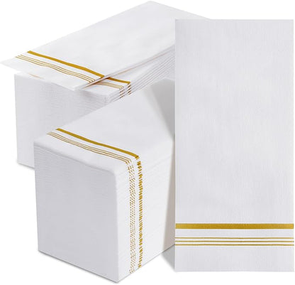200 Linen Feel Paper Hand Towels for Bathroom, Disposable Guest Towels, Soft and Absorbent Paper Towels Napkins Bulk for Dinner Parties Kitchen Wedding Graduation, 12" x 17"(Gold Trim Lined)