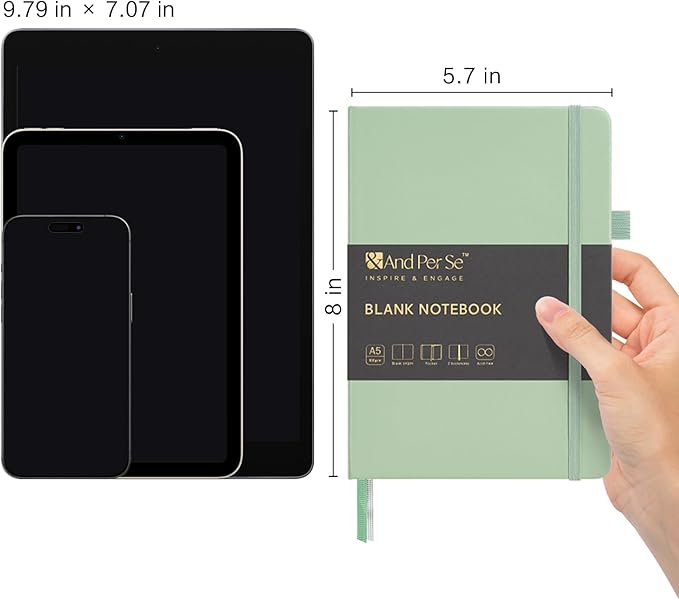 &And Per Se Blank Journal Notebook, 160 Pages, A5 5.7 x 8 inches 100 gsm Thick Paper Notebook Journals for Writing, Hardcover Notebook(1 Pack, Light Green)
