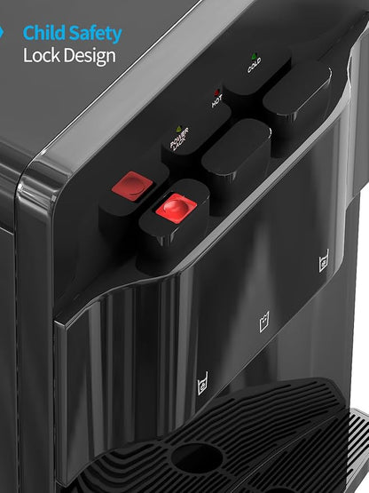 TABU Bottom Loading Water Cooler Dispenser with 3 Temperature Settings of Hot, Cold, Room Water, 3 or 5 Gallon Water Dispenser with Anti-Scalding & Child Safety Lock, Black