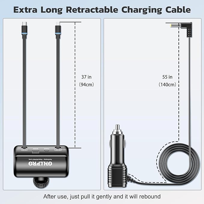 OHLPRO Car Back Seat Charger with Retractable Cables, Headrest Mount Phone Tablet Charger with USB-C PD30W & iOS PD20W Wires, 4-Port Adapter for Uber Taxi Rideshare, with Cigarette Lighter Plug