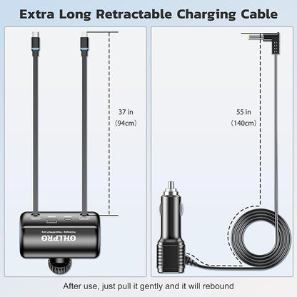 OHLPRO Car Back Seat Charger with Retractable Cables, Headrest Mount Phone Tablet Charger with USB-C PD30W & iOS PD20W Wires, 4-Port Adapter for Uber Taxi Rideshare, with Cigarette Lighter Plug