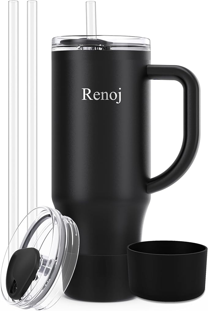 Renoj Tumbler with Handle 100% Spill Resistant Insulated Water Bottle for Iced Coffee & Hot Drinks - Fits Car Cup Holder, Ideal Gift, 2 Straws & Silicone Boot BPA-Free - FlexSlide Black 40 oz