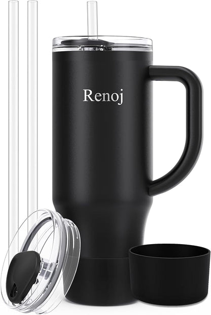 Renoj Tumbler with Handle 100% Spill Resistant Insulated Water Bottle for Iced Coffee & Hot Drinks - Fits Car Cup Holder, Ideal Gift, 2 Straws & Silicone Boot BPA-Free - FlexSlide Black 40 oz