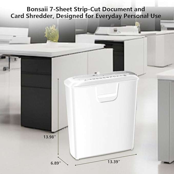 Bonsaii High-Performance 7-Sheet Strip-Cut Shredder, Low Noise, CD & Credit Card Compatible, with 3.4-Gallon Bin and Thermal Protection, White